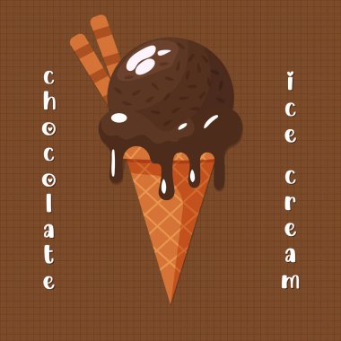 Waffle koni düz vektör çiziminde çikolatalı dondurma.
