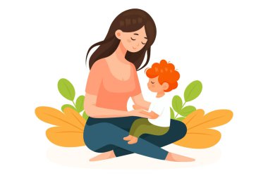 Beyaz arka planda izole edilmiş, çocuğunu kucaklayan anneyi gösteren düz vektör çizimi.