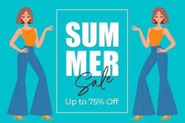 Moda kıyafetli, düz vektör illüstrasyonlu şık bir kızla yaz indirimi posteri..