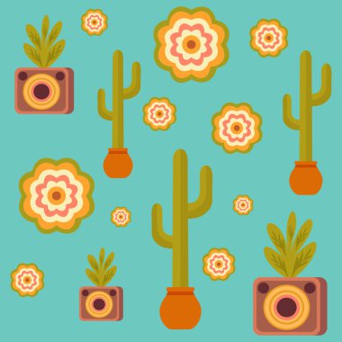 Kaktüs ve çiçekleri içeren canlı renklerle hippi stili pürüzsüz desenli düz vektör.