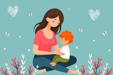 anne ve çocuk sevimli vektör çizimi çiçekler ve kelebekler ile neşeli bir sahne.