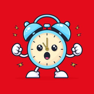 Alarmlı saat karakteri düz vektör çizimi enerjik ve neşeli uyanma ifadesi ile.