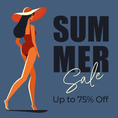 Modern stil düz vektör illüstrasyonunda mayo giymiş bir kadının yaz indirimi posteri..