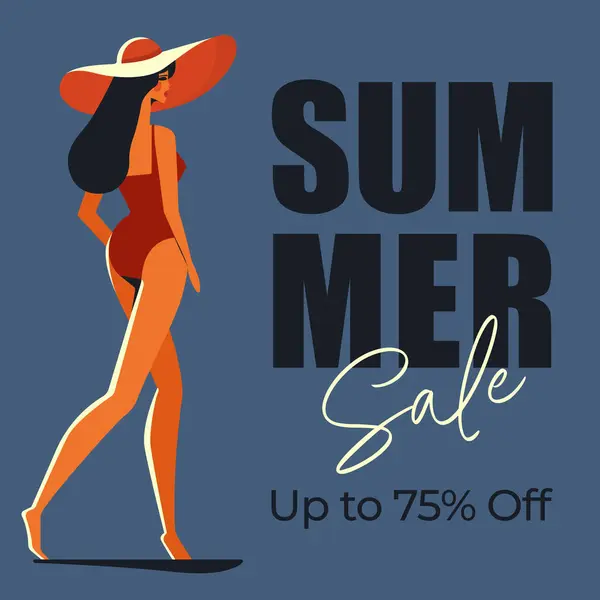 Modern stil düz vektör illüstrasyonunda mayo giymiş bir kadının yaz indirimi posteri..