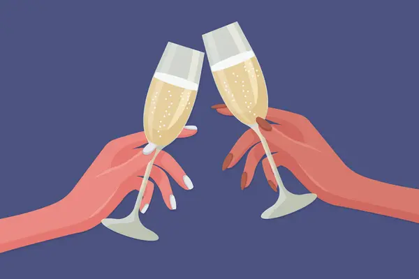 Şampanya kadehleri tutan kadınların elleri, yassı vektör illüstrasyonuna tezahürat eder..