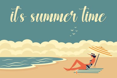 Yüzyılın ortalarında plajda bir bayanın olduğu bir kartpostal. Canlı renklerle modern tarz düz vektör çizimi..