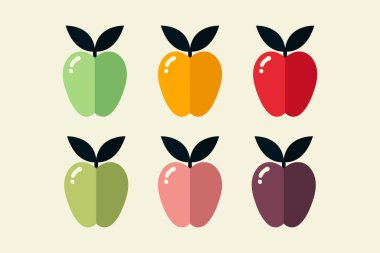 Farklı renklerde minimalist elma simgesi seti beyaz arkaplanda izole edilmiş düz vektör çizimi.