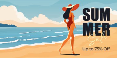 Tropikal kumsalda ve okyanus manzaralı bir kadınla yaz indirimi sancak düz vektör çizimi.