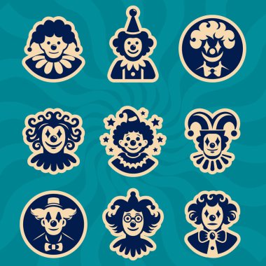 Palyaço etiketi retro renk düz vektör illüstrasyonuyla ayarlandı.