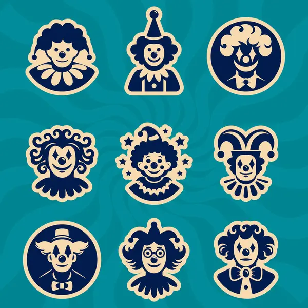 Palyaço etiketi retro renk düz vektör illüstrasyonuyla ayarlandı.