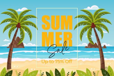 Tropikal sahil manzarası illüstrasyonu üzerine indirimli metin içeren yaz indirimi afişi.