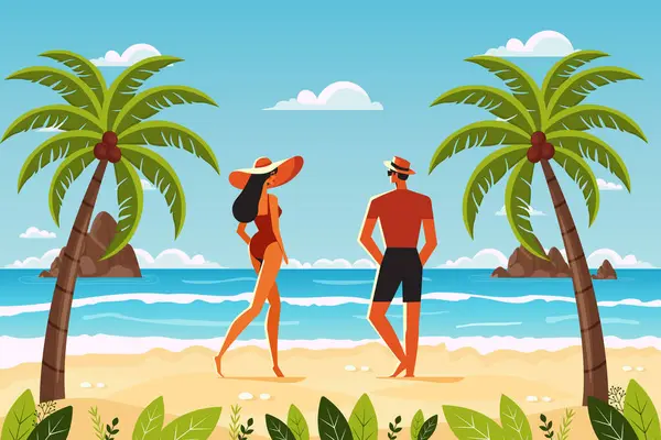 Çift yaz tropik plaj düz vektör illüstrasyonunda dinleniyor.