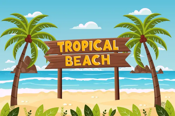 Palmiye ağaçları ve tahta tabelalı düz vektör resimli tropik yaz plajı manzarası.