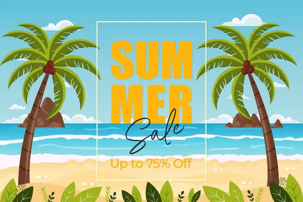 Tropikal sahil manzarası illüstrasyonu üzerine indirimli metin içeren yaz indirimi afişi.