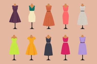 Moda renklerinde mankenler vektör illüstrasyonunda şık elbise koleksiyonu.