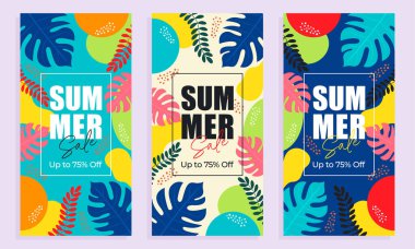 Tropikal yapraklı, düz vektör illüstrasyonlu yaz indirimi afişi.