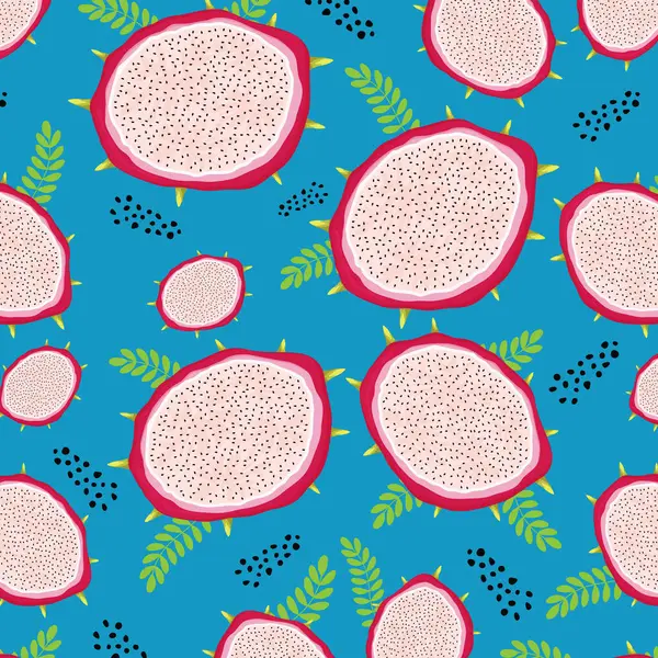 Yaprakları ve noktaları düz vektör illüstrasyonlu ejderha meyvesiz desen.