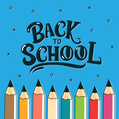 Renkli kalem ve düz vektör illüstrasyonlu okul posteri.