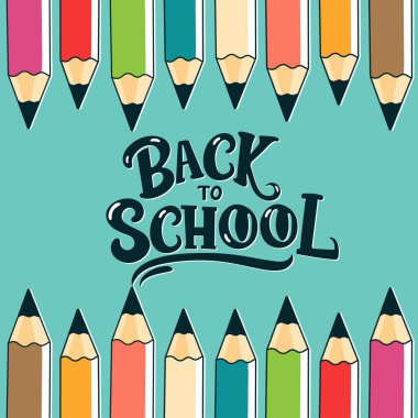 Okula geri dönen renkli kalemler düz metin vektör çizimi.