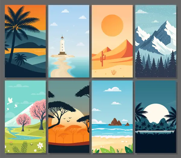Düz vektör illüstrasyon tarzında çeşitli doğa manzaraları koleksiyonu.