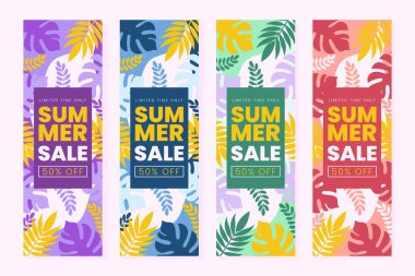 Tropikal yapraklı düz vektör illüstrasyonlu yaz indirimi afişi.