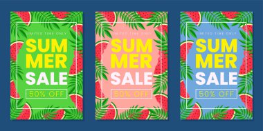 Yapraklar ve karpuz çerçeve illüstrasyonlu yaz indirimi posteri.