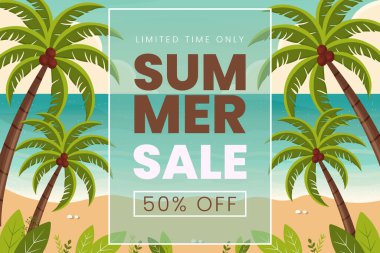 Tropikal Plajda Palm Leaves Düz Vektör İllüstrasyonlu Yaz Satışı Sancağı.