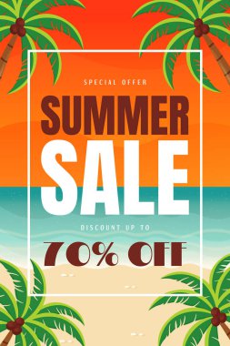 Palm Trees Düz Vektör İllüstrasyonlu Yaz Satışı Afişi.