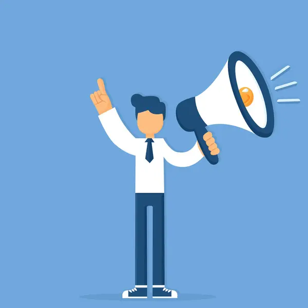 Gömlekli Megafonlu Meçhul Adam Mavi Arkaplan 'da Elinizi Kaldırın Düz Vektör İllüzyonu.