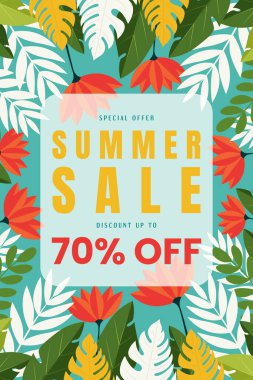 Tropikal Yapraklar ve Çiçekler Düz Vektör İllüstrasyonlu Yaz İndirim Posteri.