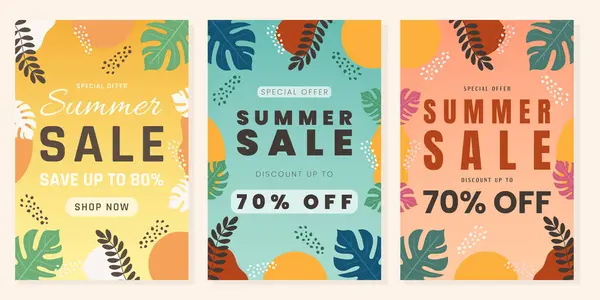 Renkli Tropikal Yapraklar Düz Vektörlü Yaz İndirimi Posterleri.