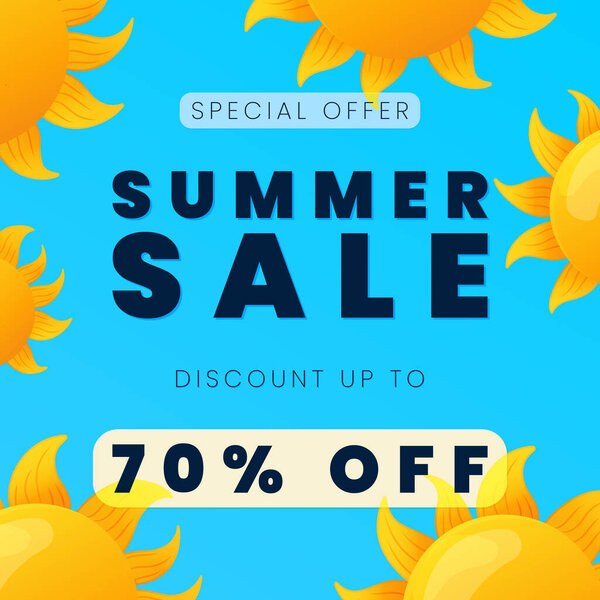 Дизайн летнего баннера с улыбающимися солнцами на фоне голубого неба.