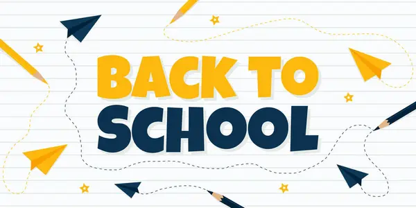 Çizgili Arkaplan Vektör İllüstrasyonunda Kalem ve Kağıt Düzlemlerle Okul Afişine Dön.