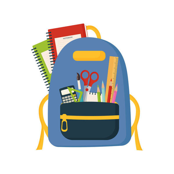 School Backpack with Supplies Vector Illustration isolated on white background.