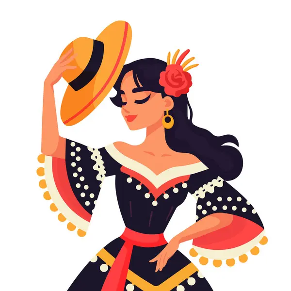 Geleneksel Elbise Tutucu Şapka İllüstrasyonlu Güzel İspanyol Kadın