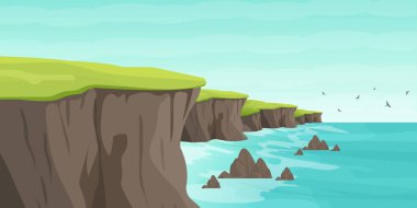 Sahil Kayalıkları Düz Vektör Manzaralı Manzara.