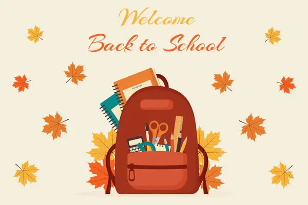 Okula Hoşgeldiniz Sırt Çantası ve Yaprakları ile Sonbahar Vektör İllüstrasyonu.
