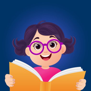 Kitap Vektörü İllüstrasyonlu Sevimli Çizgi Kız.