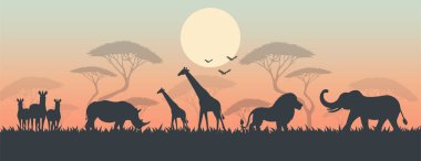 Afrika Vahşi Yaşam Siluetleri Sunset Savannah Vektör Sahnesinde.
