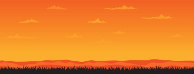 Çimenli Günbatımı Safari Peyzajı ve Tepeler Vektör Resimleri.