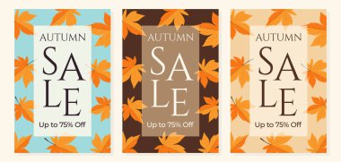 Renkli Yapraklar ve İndirimli Metin Vektörü İllüstrasyonlu Sonbahar İndirim Afişi Seti.