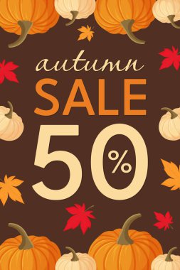Pumpkins ve Autumn Leaves Düz Vektör İllüstrasyonlu Sonbahar Satış Pilotu.