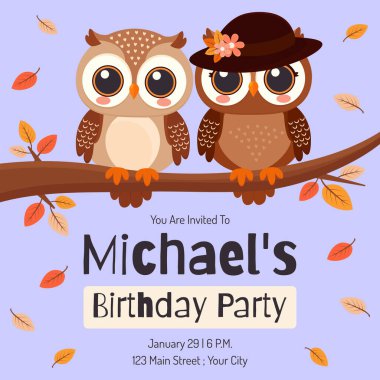 Ağaç dalında Baykuş Çifti ile Düz Vektör Doğum günü Kartı.