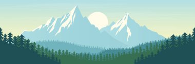 Çam ormanı ve gün doğumu vektör illüstrasyonlu düz bir dağ manzarası.