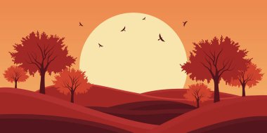 Renkli tepeler ve ağaçların düz dizaynlı sonbahar manzarası.