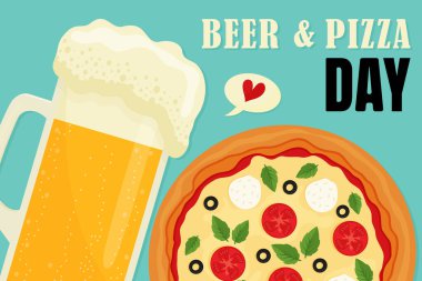 Bira ve pizza günü için bira bardağı ve pizza düz vektör çizimi.