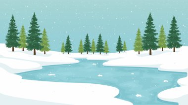 Karlı çam ormanları kış manzarası çizimi.