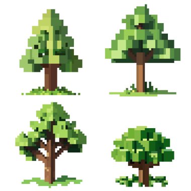 Bahçedeki yeşil piksel ağaçları. Retro 8bit grafikleri