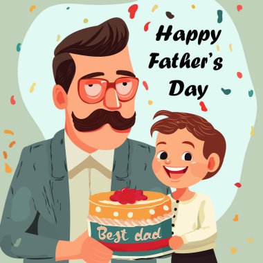 Oğul babalar gününde babasını tebrik eder. Bıyıklı bir baba oğlunun yanında duruyor, elinde pasta, gülüyor.