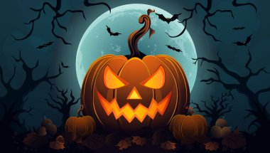  Arkasında pembe ay olan büyük cadılar bayramı balkabağı.